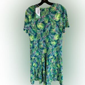 Land’s End Dress Short sleeve tiered dress Baltic teal palm knit pockets Med T